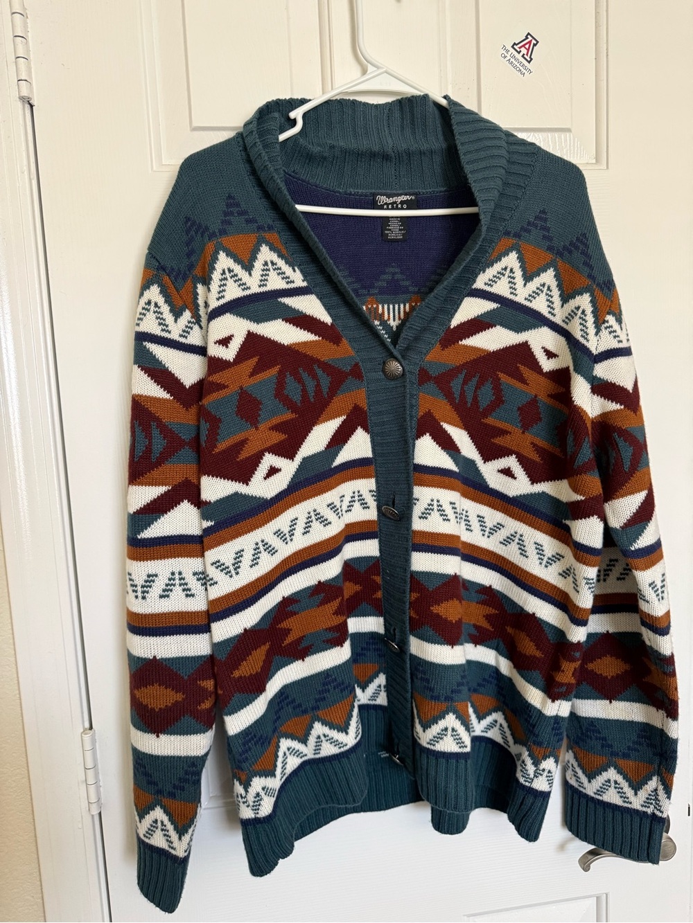 Wrangler Teal & Rust Geometric Shawl Collar Cardigan